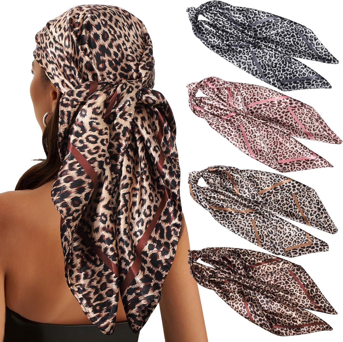 90 x 90 cm grote vierkante hoofddoek voor dames, 4 stuks, bandana, zijden doek, haardoek voor vrouwen, om te binden halsdoek