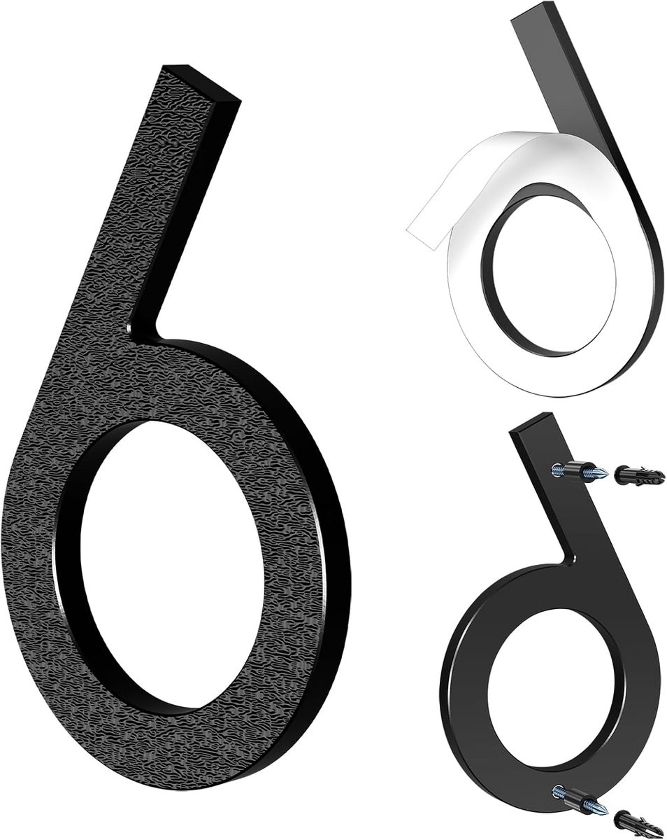 Huisnummer 15 cm zwart, Zelfklevend of schroefmontage, modern ontwerp met zwevend 3D-effect, weerbestendige ABS voor buitenmuur of hek (6/9)