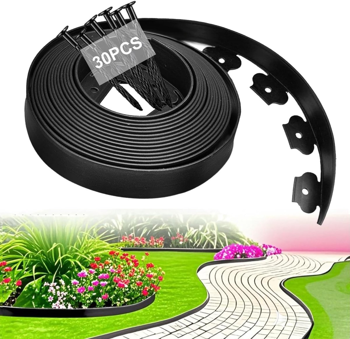 grasrand kunststof, gazonverharding straatstenen grasrooster kantopsluiting | Onzichtbare gazonrand voor tuin, terras & borders 10 m lengte × 5 cm hoogte Met 30 grondankers, zwart
