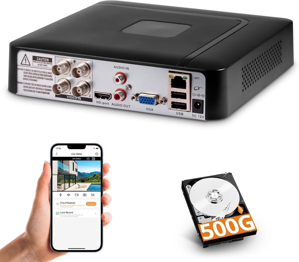 4-kanaals CCTV bewakingsDVR met 500 GB HDD, 4 Ch 5MP H.265+ video-recorder voor XVI AHD TVI IP-camera's, beveiligingscamera-bewakingssysteem met mobiele app en PC