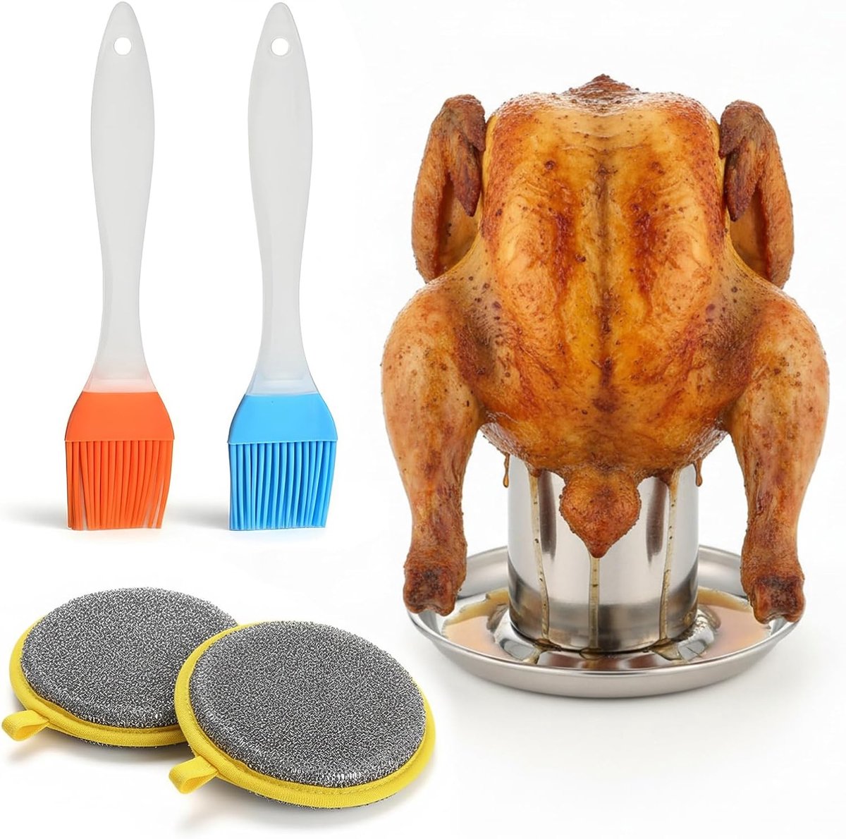 verticale braadhouder met 2 olieborstels en 2 reinigingsdoeken, roestvrijstalen braadslee standaard voor oven en barbecue, grillen en koken