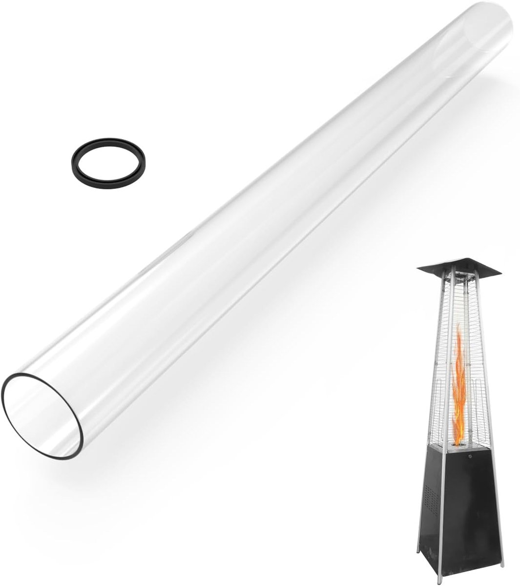 onlyfire Glazen Buis voor Gas Terrasverwarmer, 125 x 10 cm | Vervangbuis van Borosilicaatglas met Siliconen Ring voor Piramide Terrasverwarmer met 4 Zijden