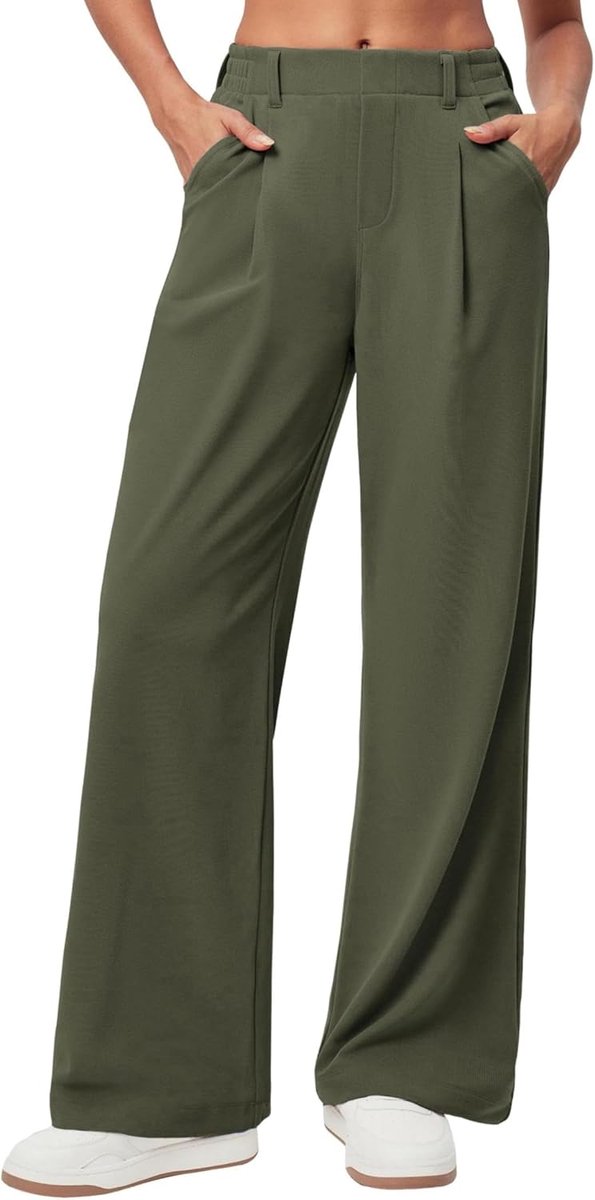 Palazzo Damesbroek, zakelijke wafelgebreide stoffen broek, elegant, casual, losse hoge taille met elastiek, brede pijpen, vrijetijdsbroek