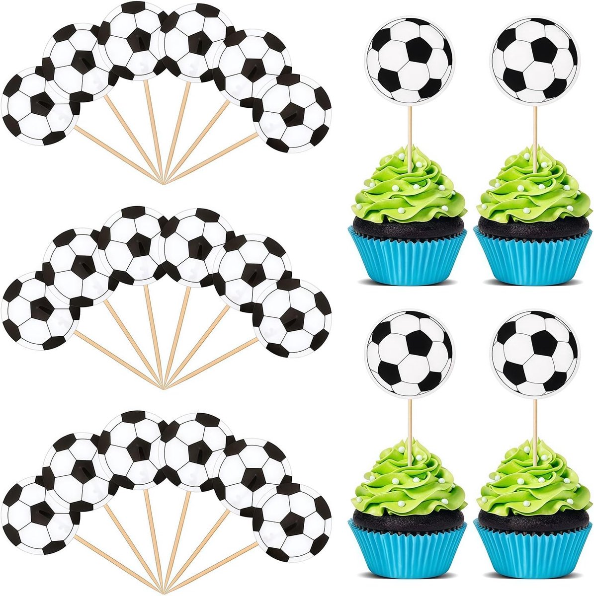 Voetbal, 30 stuks Voetbal Cupcake Toppers & Taart Decoratie, Sportieve Taart Decoratie voor Kinderverjaardag, Baby Shower & Voetbal Thema Feestdecoratie