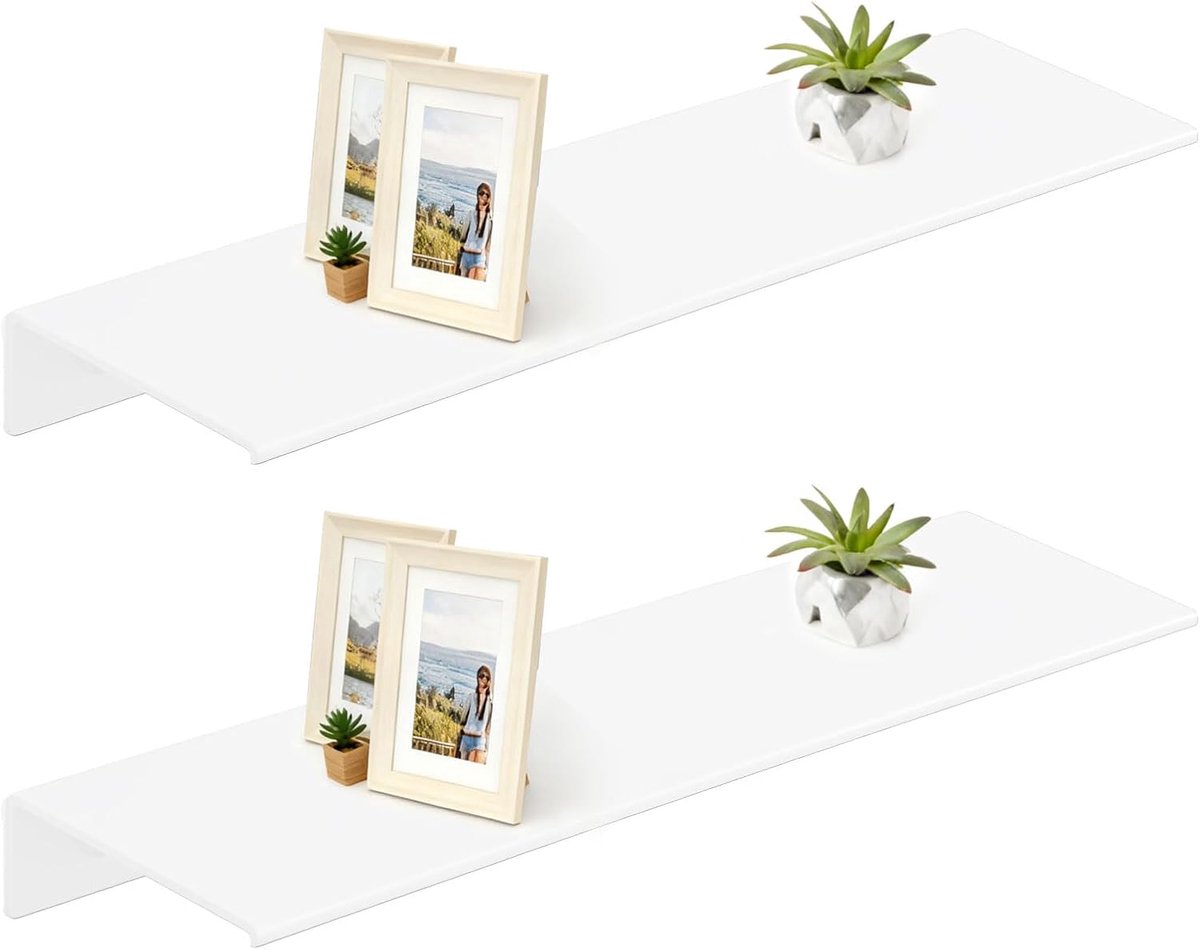Set van 2 witte wandplanken (zwevend), roestvrije metalen wandhouders, zonder boren, wandplanken voor badkamer, keuken, slaapkamer