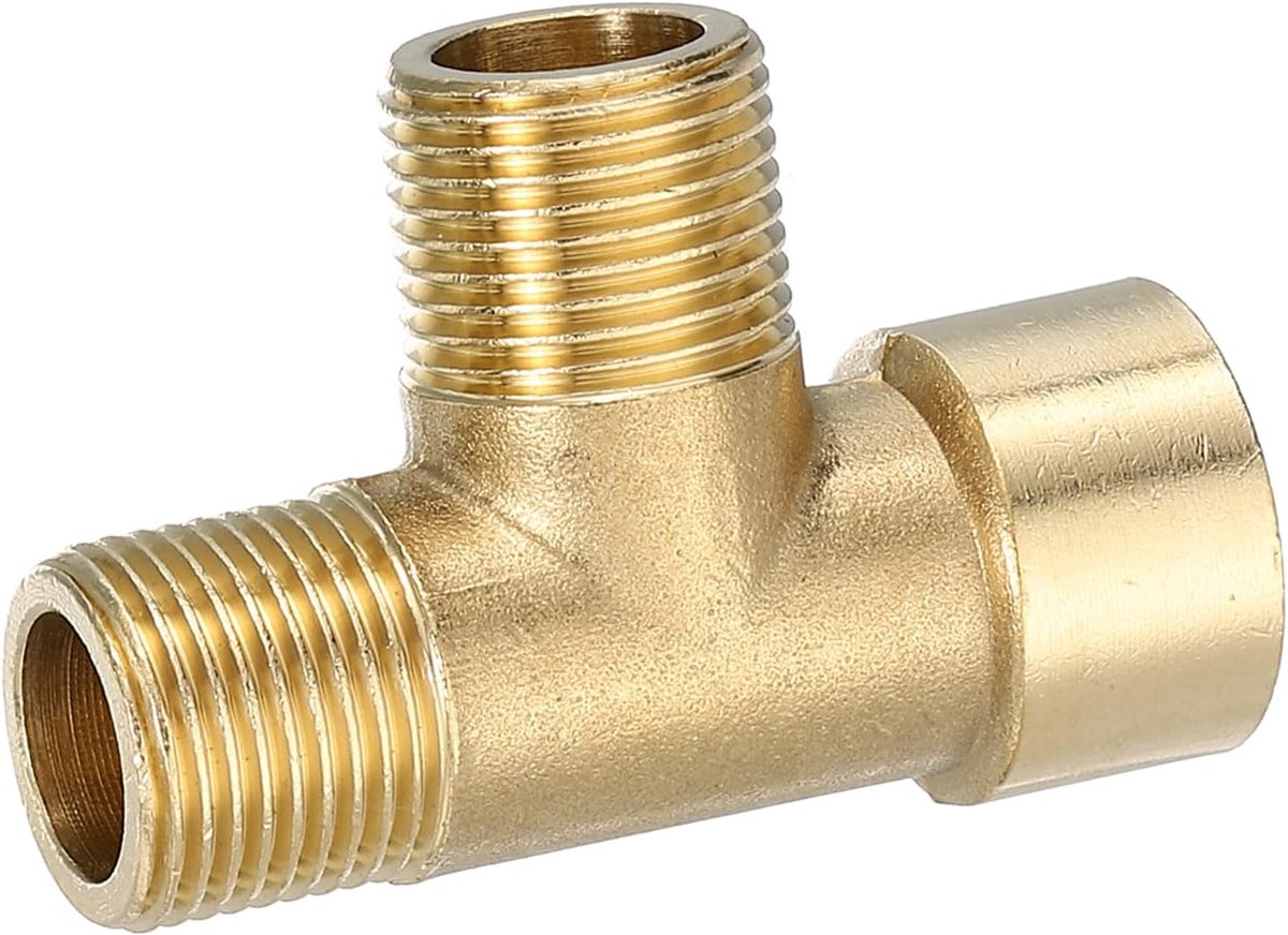T-stuk messing voor slangen, G3/8 inch (mannelijk x mannelijk x vrouwelijk) BSPP 3-weg adapter voor gas- en buisverbindingen, 1 stuk