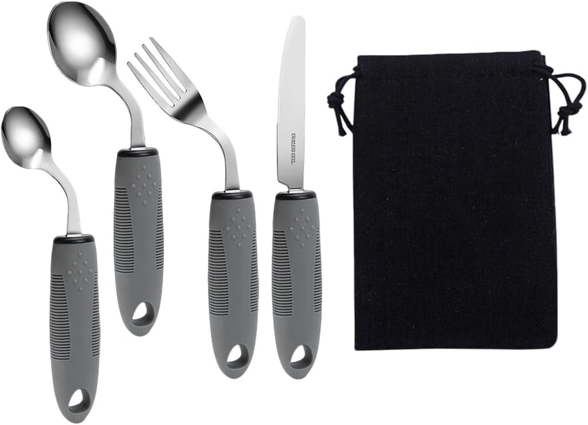 Bestek, 4-delig Parkinson Bestek, Adaptieve Bestekset, 42° Hoek Parkinson Bestek, voor Handtrils, Artritis, Parkinson & Senioren (Grijs: rechtshandig)