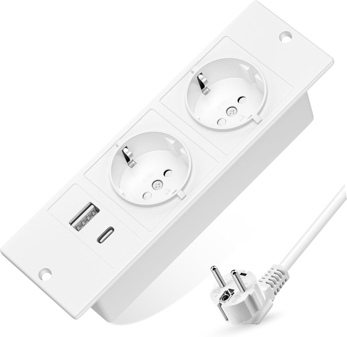 2-voudig intrekbaar stopcontact, stekkerdoos met USB, inbouwstopcontact met USB C, inbouw tafelstopcontact met overspanningsbeveiliging, 1,5 m kabel, wit