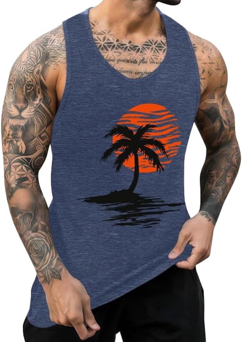 Tanktop voor heren, katoen, bedrukt, mouwloos shirt, zomer, Hawaïhemd, losse tanktop