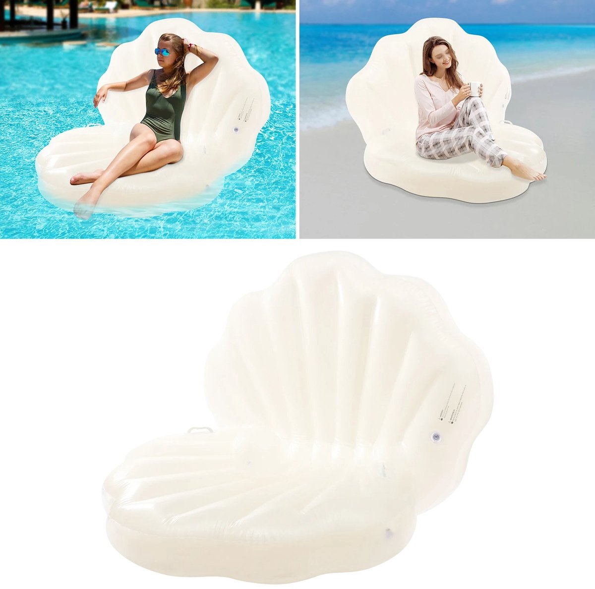 Opblaasbare Schelp - Drijvend Zonnebed - Zomerse Ontspanning - Inclusief Parelbal - 120 cm Breed - Wit