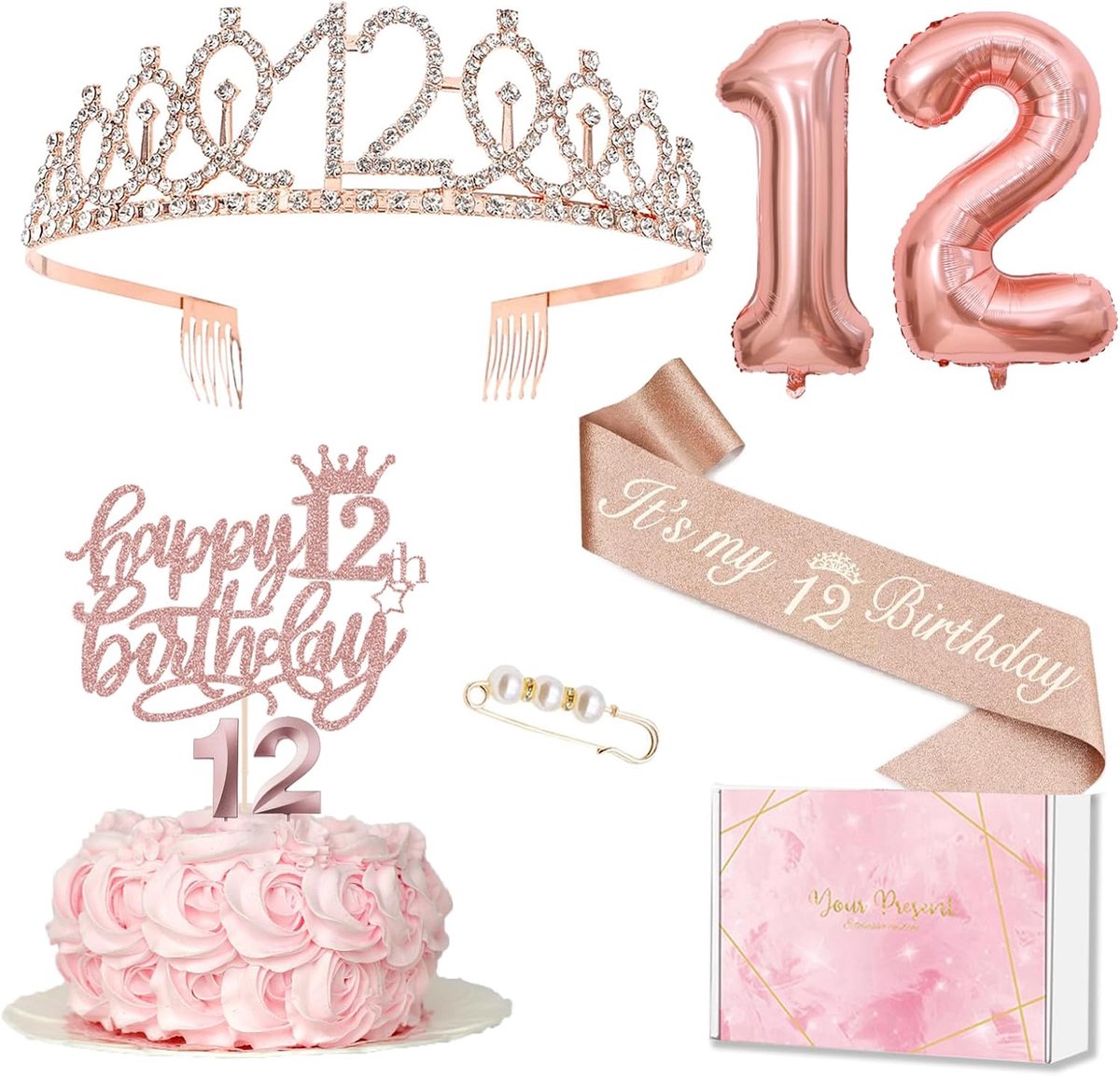 Decoratie voor 12e verjaardagsfeest: kroon, sjerp, taartdecoratie, kaarsen, roze-gouden ballon 12