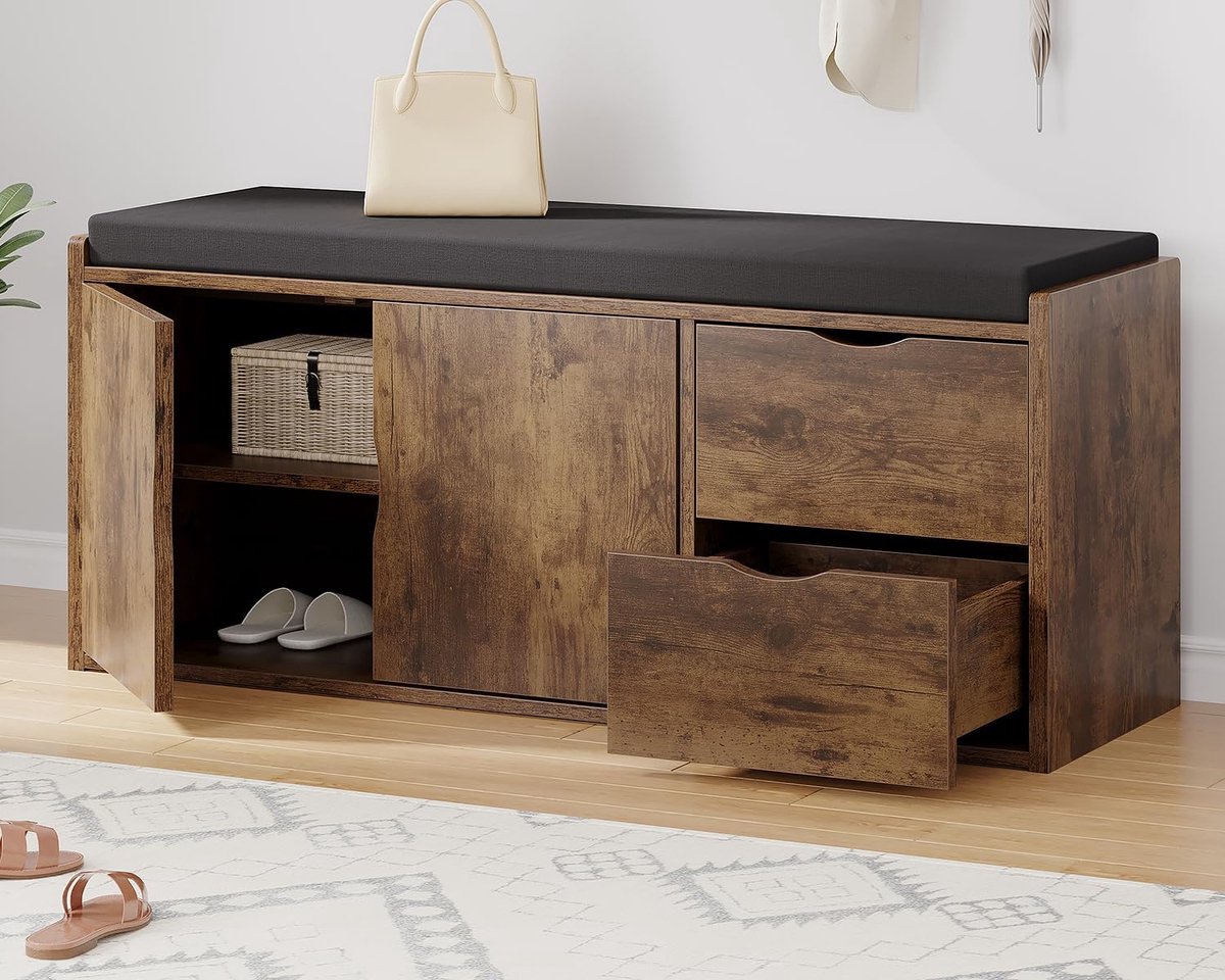Hal Schoenenbank, Rustieke Opbergbank met Gestoffeerde Zitting, Lange Verborgen Schoenen Organizer Bank met 2 Laden, Industriële Houten Schoenenbank voor Hal Woonkamer Slaapkamer, Rustiek Bruin