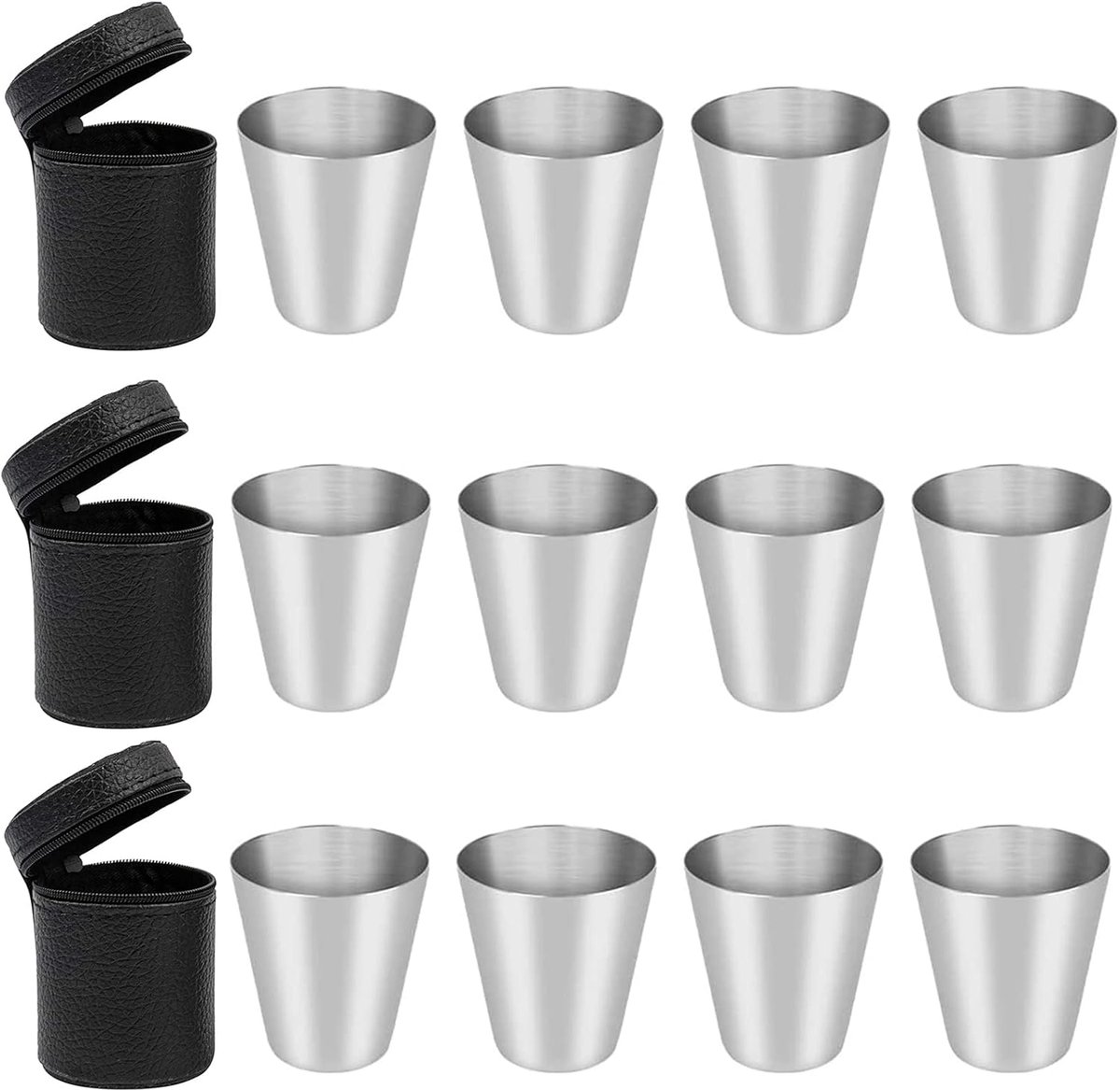 12 Stuk Roestvrij Staal Shot Glas Set - 30 ml Metalen Shotglazen - Hip Flask Mok met Lederen Etui - Draagbare Metalen Mok Shot Glas Set voor Outdoor Camping Hiking Picknick Reizen