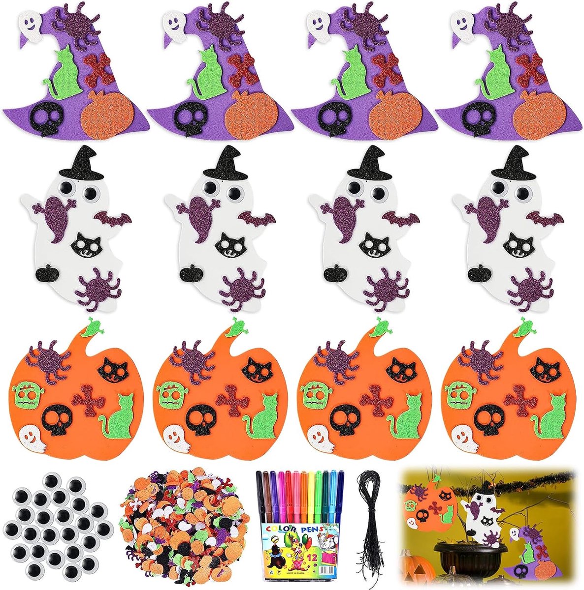 Knutselen voor kinderen, schuimpompoenvormen, Halloween stickers, gezichtsstickers, strass-steentjes, doe-het-zelf knutselsets voor kinderen, Halloween pompoen
