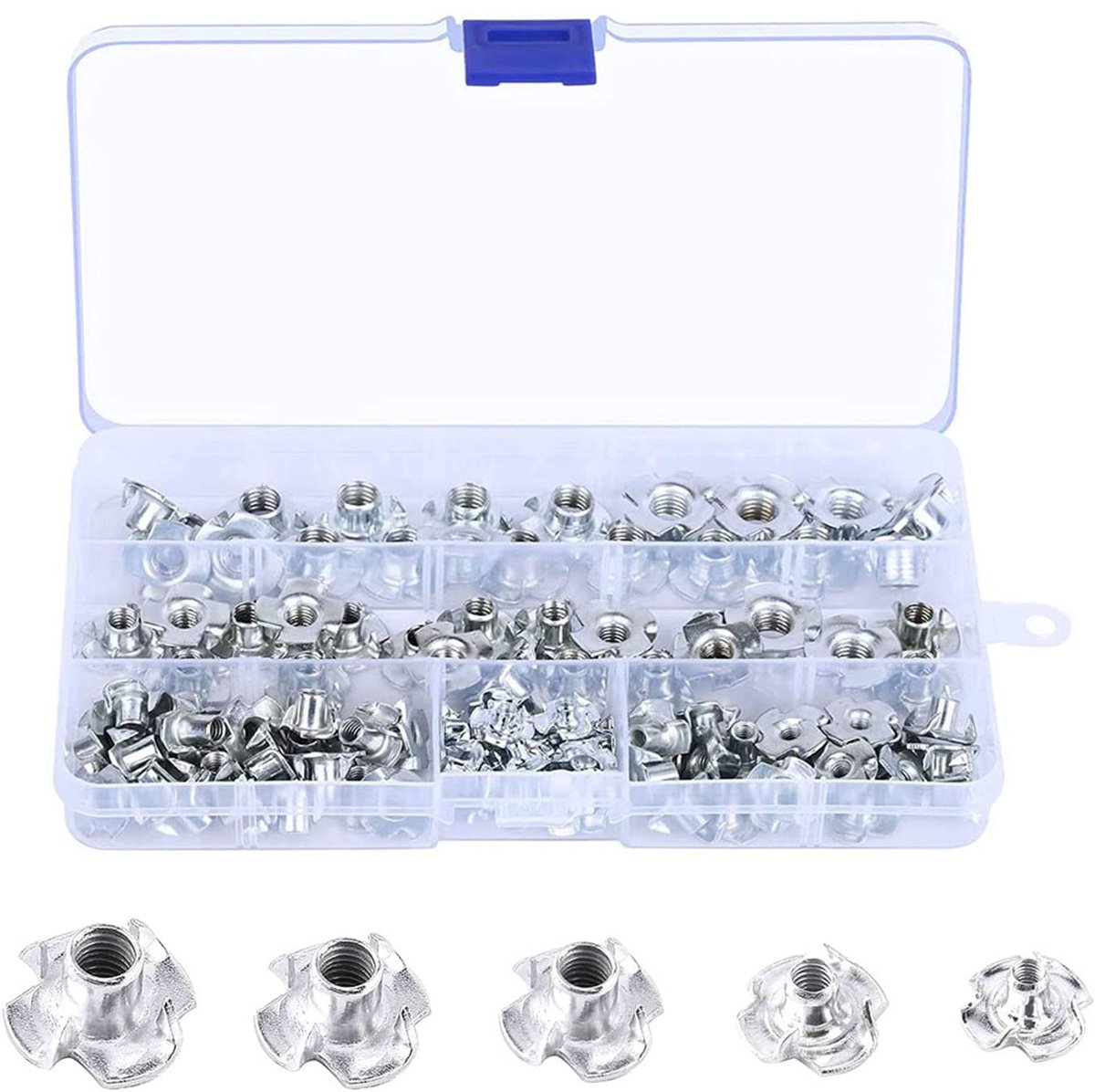 T-moerset, 90 stuks meubelmoer, verzinkt koolstofstaal moer, blinde inzetstukken moer, koolstofarme staal M3 M4 M5 M6 M8 T moeren met plastic doos voor hout, rotsklimmen Holds, kastje (zilver)