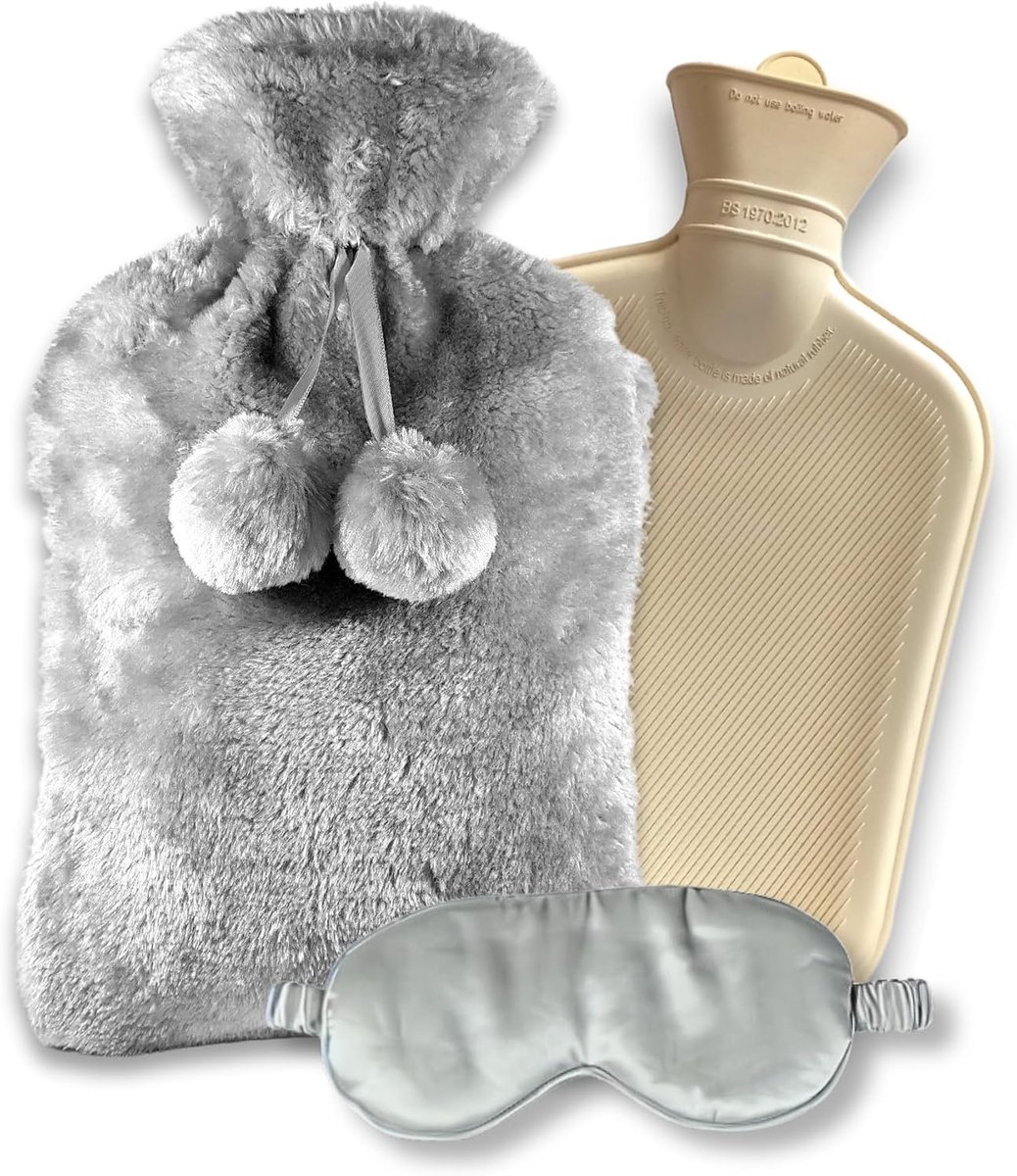 2L I ontspanning en ontspanning + oogmasker I bevordert een betere slaap 's nachts. Grote XXL natuurlijke rubberen warmwaterkruik set voor volwassenen met zachte pluche hoes