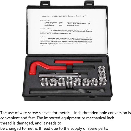 15 stuks Schroefdraad reparatieset, schroefdraad reparatie set, M14x2 schroefdraad reparatie, schroefdraad inzetstukken, schroefdraad reparatieset, verdraaide boorsleutel, schroefdraadinzet — afbeelding 4