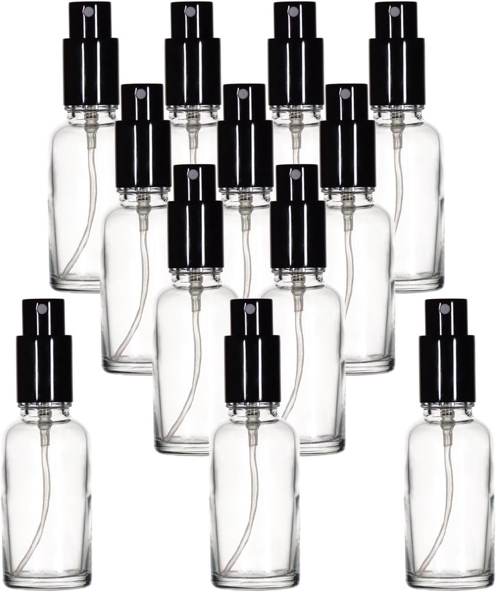 Transparant Glass Spray Bottle 30ml, met Kleine Fijne Nevelspray, Metalen Dop, Navulbaar voor Essentiële Olie, Reizen, Schoonmaken, Parfum, Aromatherapie, Make-up - 12 Stuks