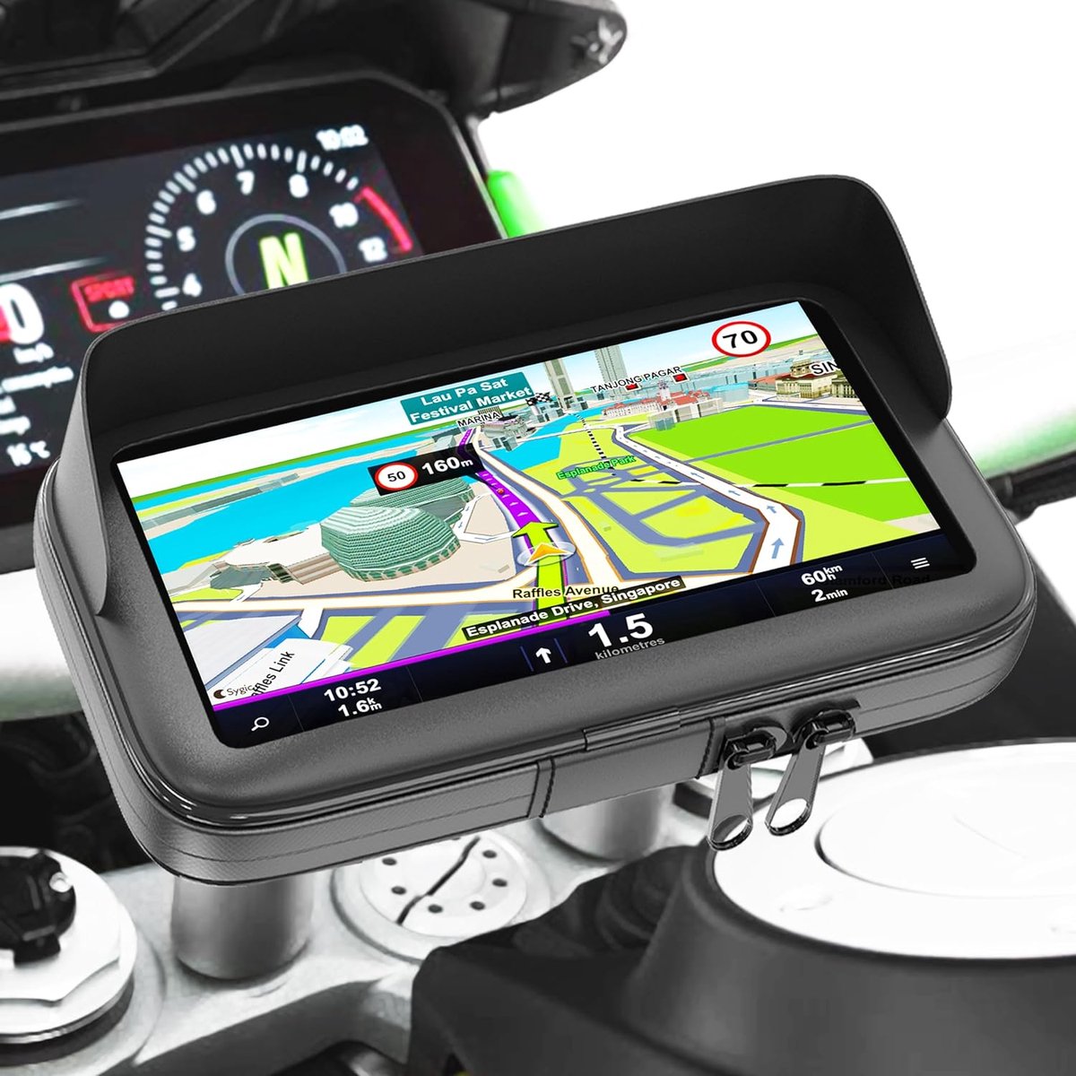 telefoonhouder voor motorfiets, met oplader 2,1 A, snelle verbinding, beschermhoes met niet-verblindend vizier, geschikt voor smartphones tot 7,5 inch, bevestiging aan het
