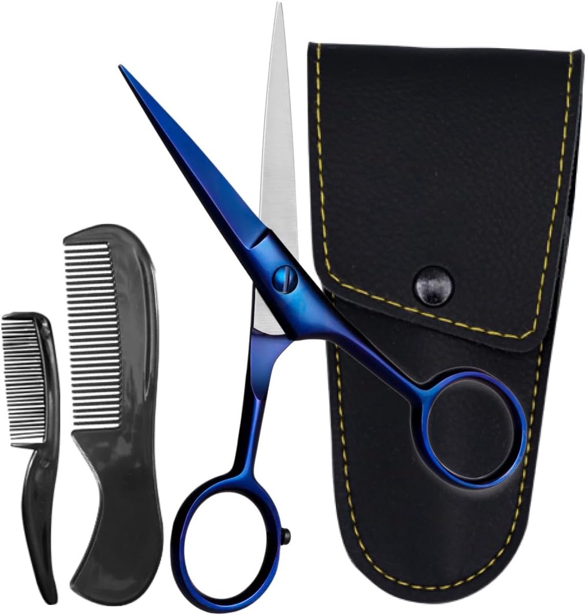 Snor schaar voor mannen - 12,7 cm, Midnight Blue - 410C Duits staal duurzaam, ergonomisch ontwerp reisvriendelijke baardschaar voor mannen - baardkit 2 kammen en etui perfect voor
