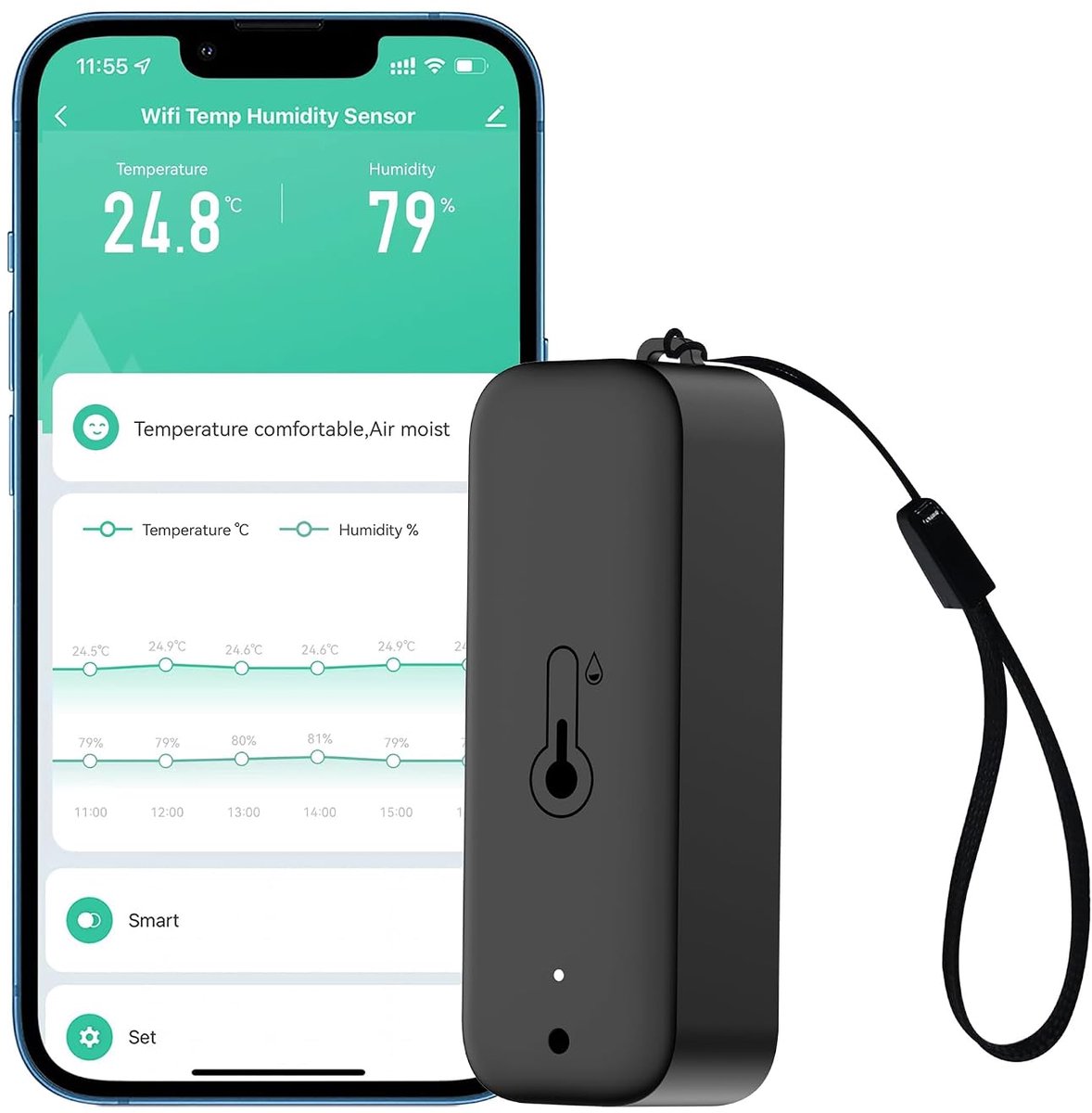 Smart Thermometer Hygrometer: Draadloze temperatuur-vochtigheidssensor met app-waarschuwingen, gegevensopslag-export, waterdichte externe monitor voor kelderkas, compatibel met Alexa (1 pakket)