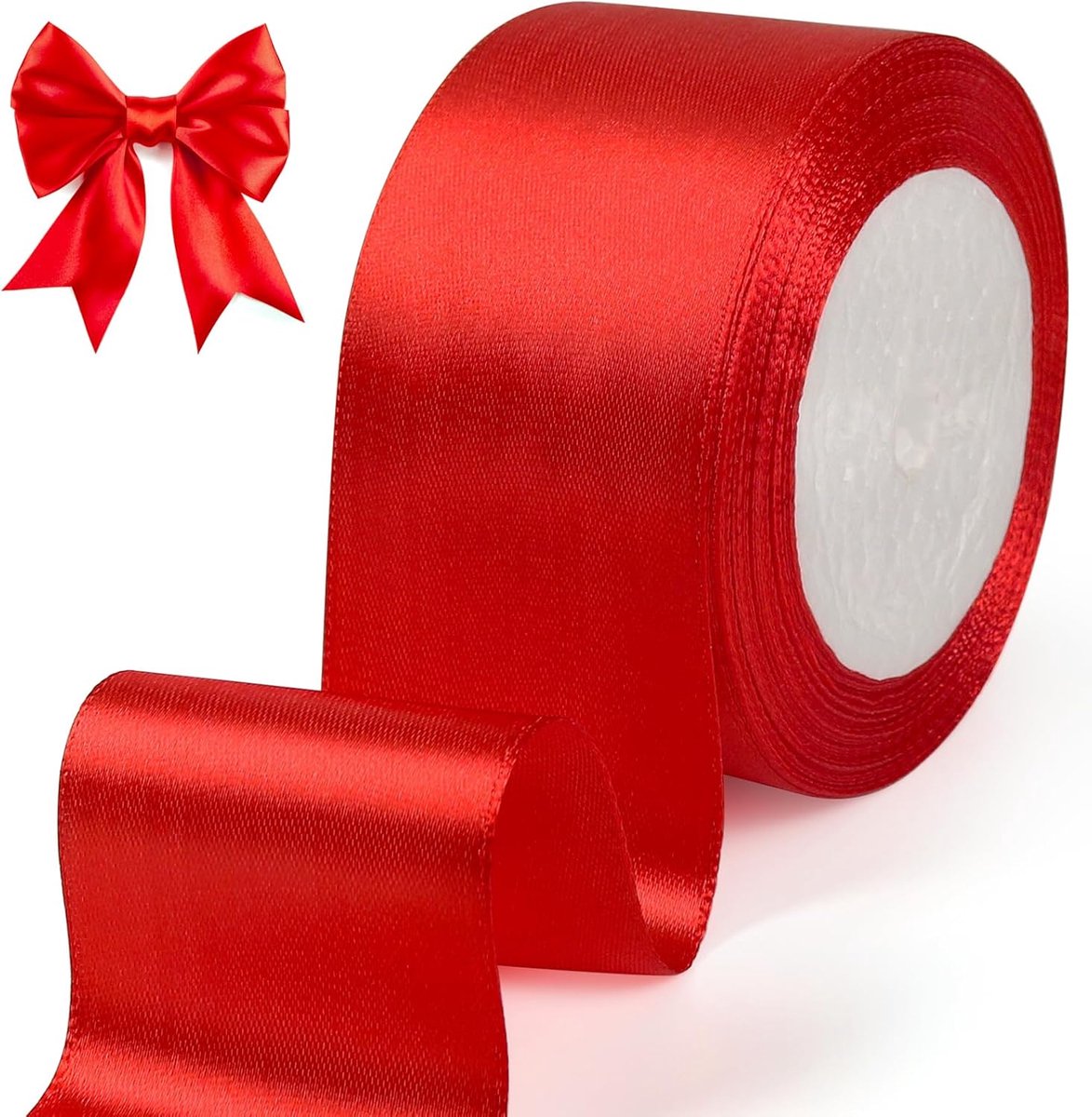 tenn well Satijnen lint 50 mm, 22 meter glad stof, rood, voor inpakken, knutselen, haarlintjes, bruiloftsfeest en kerstdecoratie