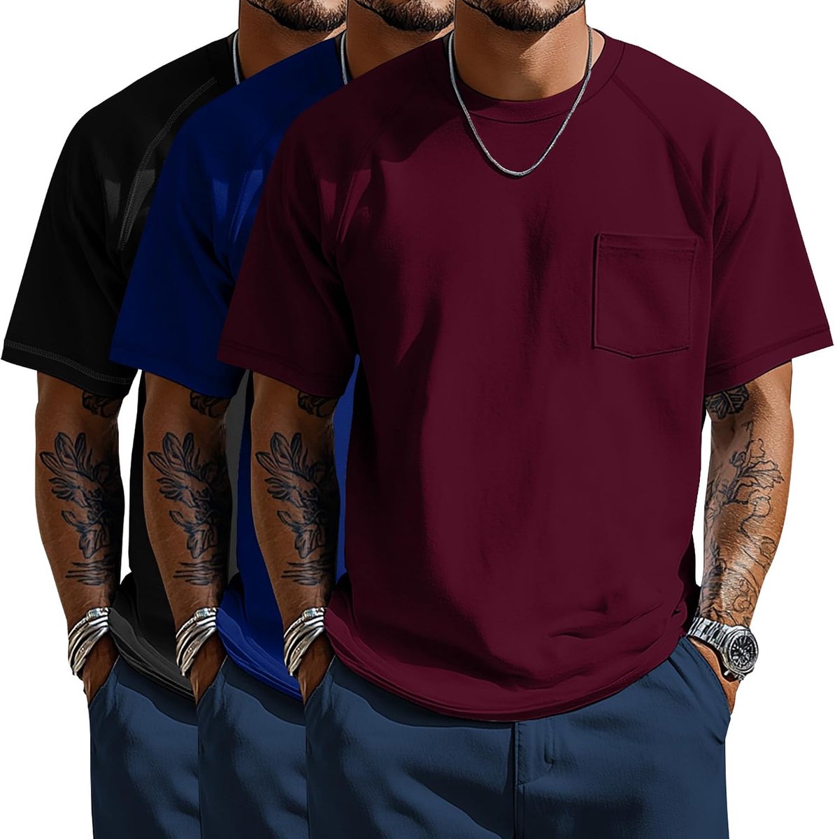 T-Shirts Voor Heren Met Borstzak XL-5XL Plus Size Ronde Hals Raglanmouwen Korte Mouwen Zomerse Casual