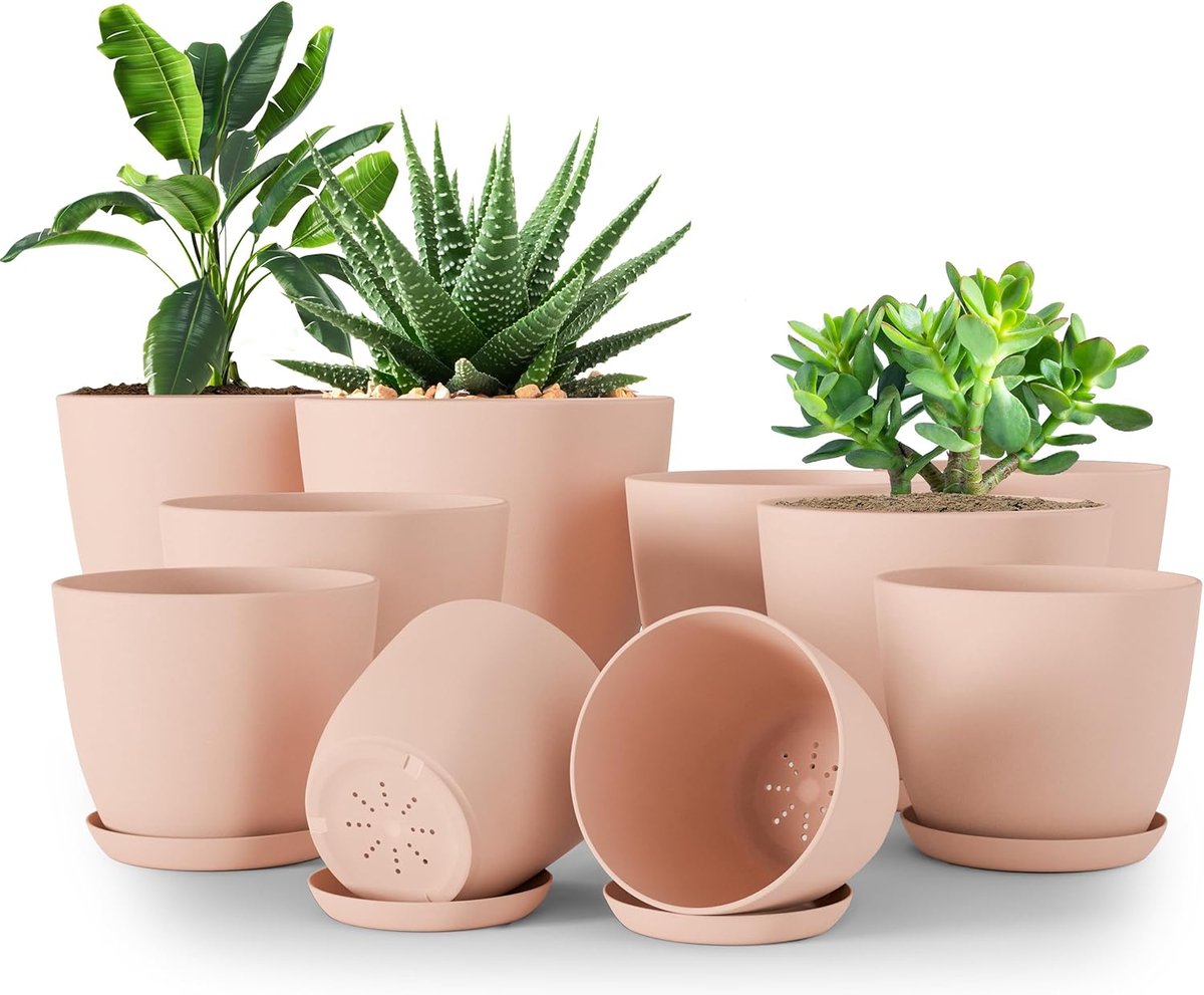 Home, Plantenpotten voor binnen met drainage, 17,8 / 16,8 / 15,2 / 13,5 / 12,2 cm, Home Decor bloempotten, Plastic plantenbakken voor kamerplanten, cactus, vetplanten pot (roze, 10 stuks)
