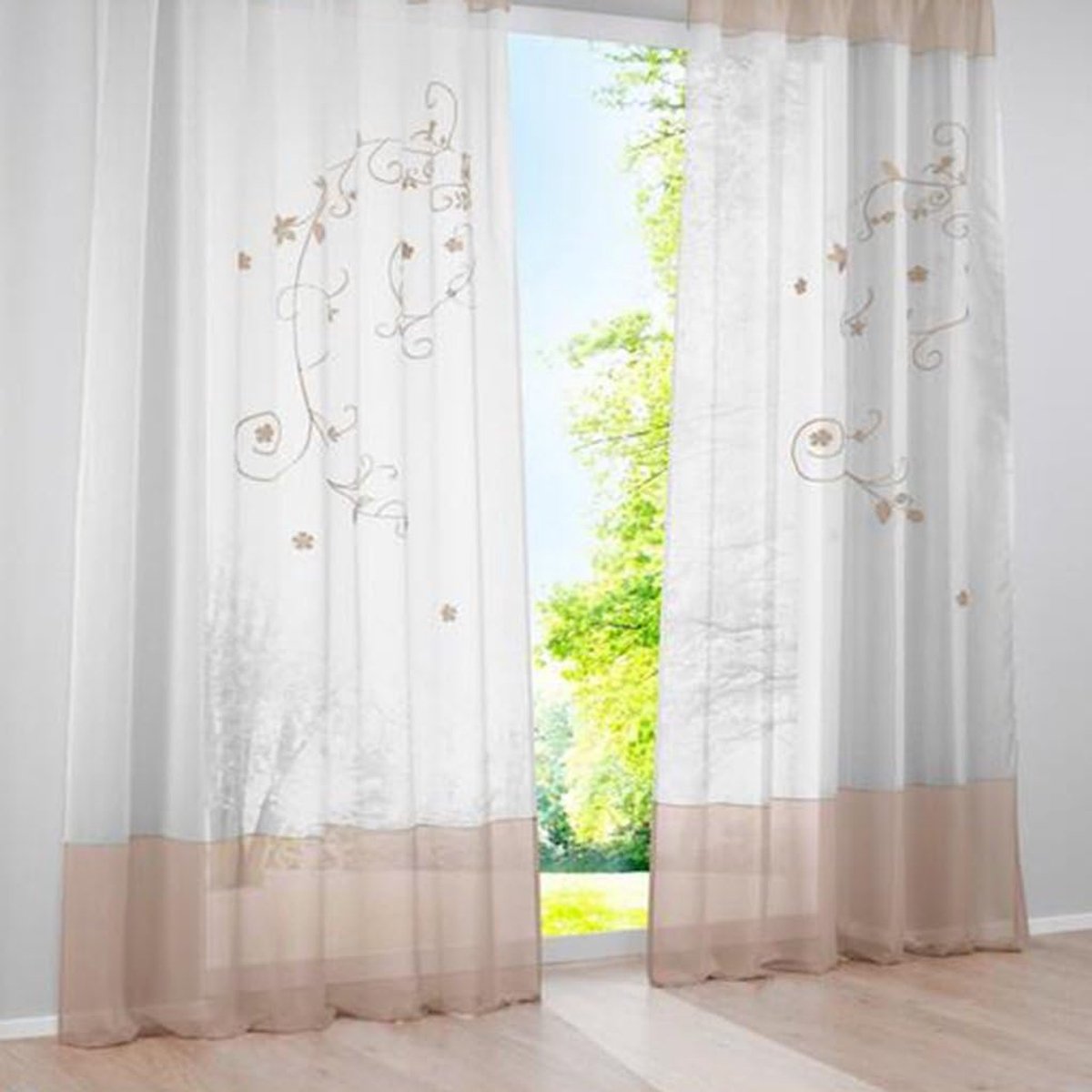 Gordijnen met bloemenpatroon, borduurwerk, raampanelen, voor slaapkamer, woonkamer, decoratie, 2 panelen, kaki, L 140 cm x H 245 cm