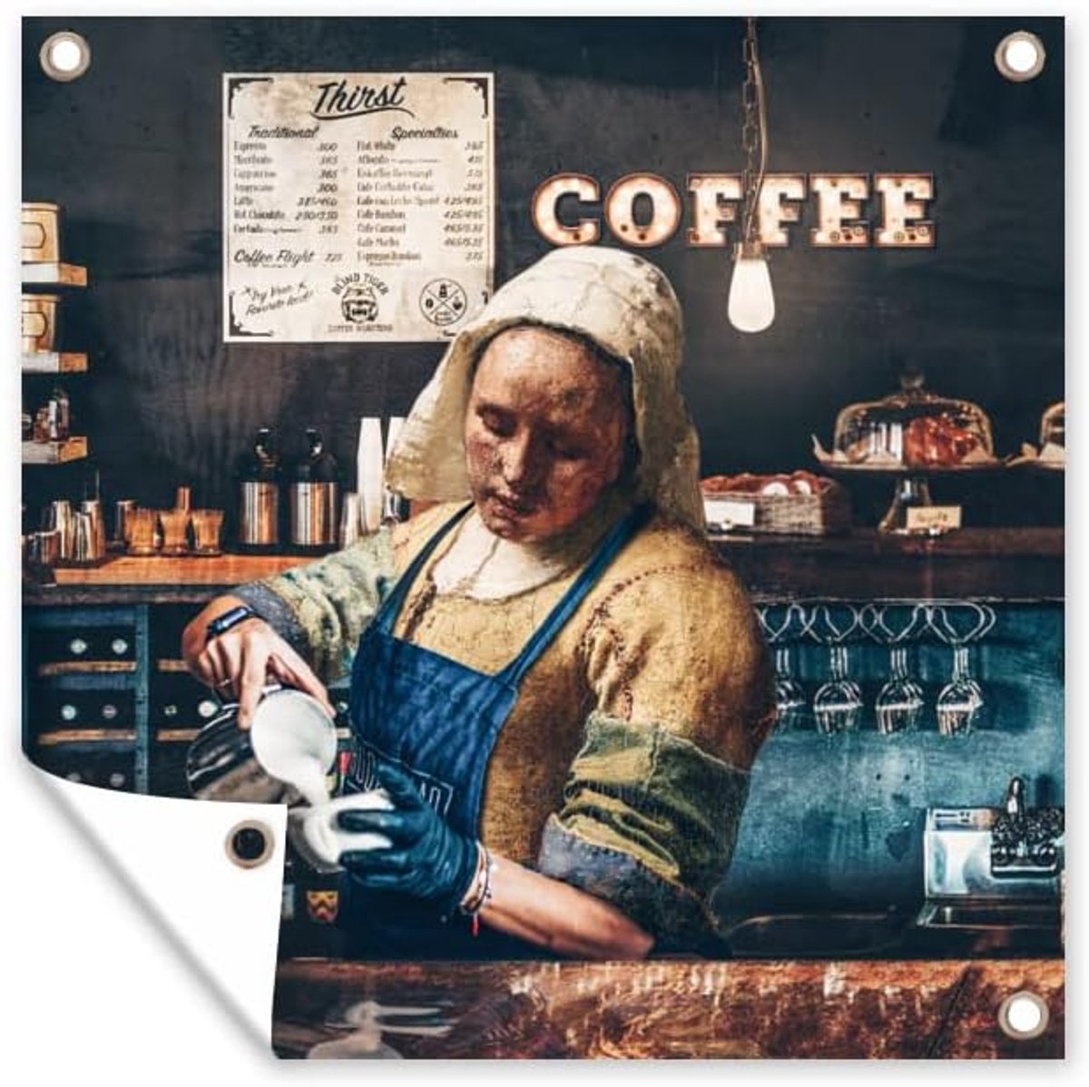 Tuinposter - 200x200 cm - Melkmeisje - Barista - Cappuccino - Vermeer - Koffie - Kunst Schilderij