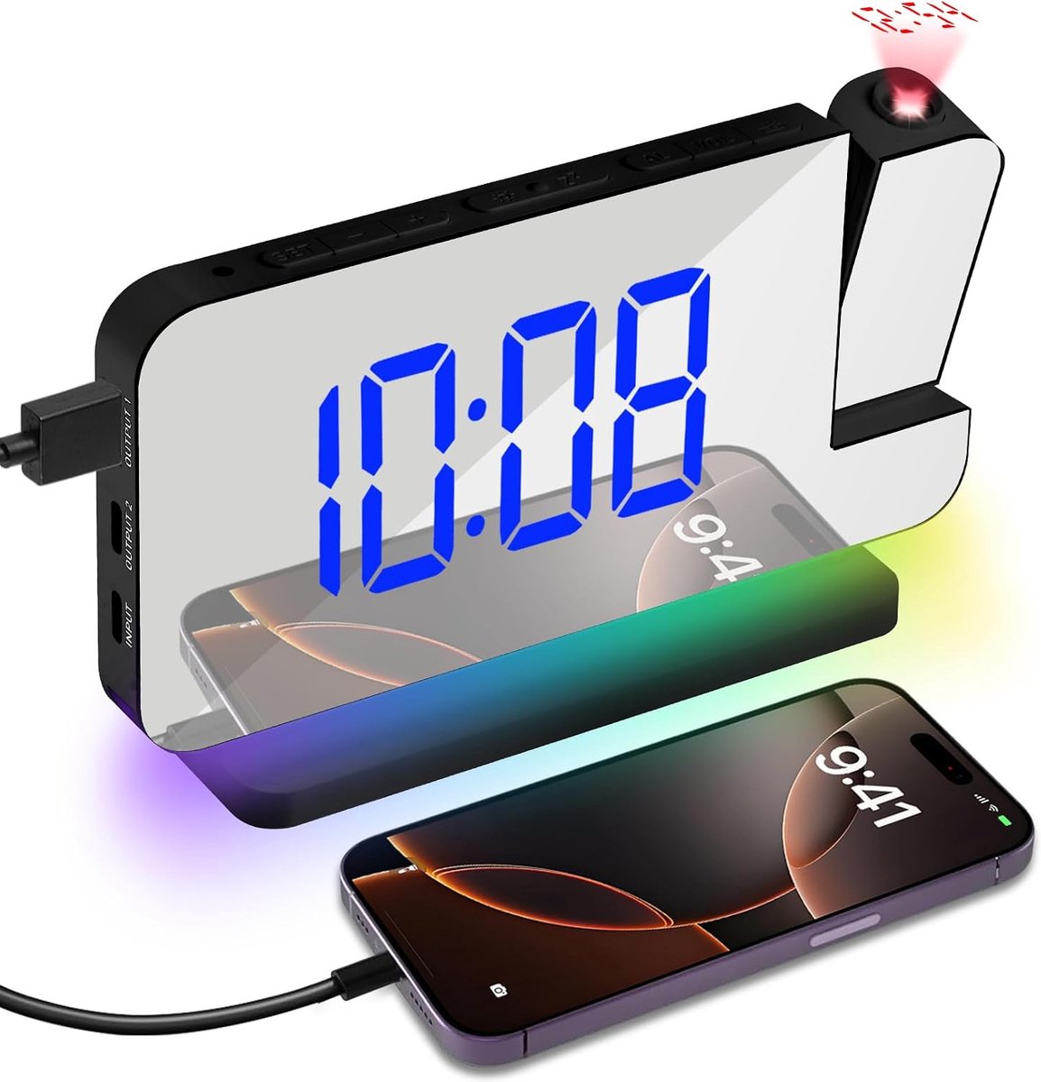 Projectiewekker, 7.4 Inch LED Display en Dimmer met 180 ° Projector, RGB Nachtlampje, 12/24 Uur, Instelbaar Alarmvolume, Snooze, USB Aansluiting, 4 Projectihelderheid voor Slaapkamer en Kantoor