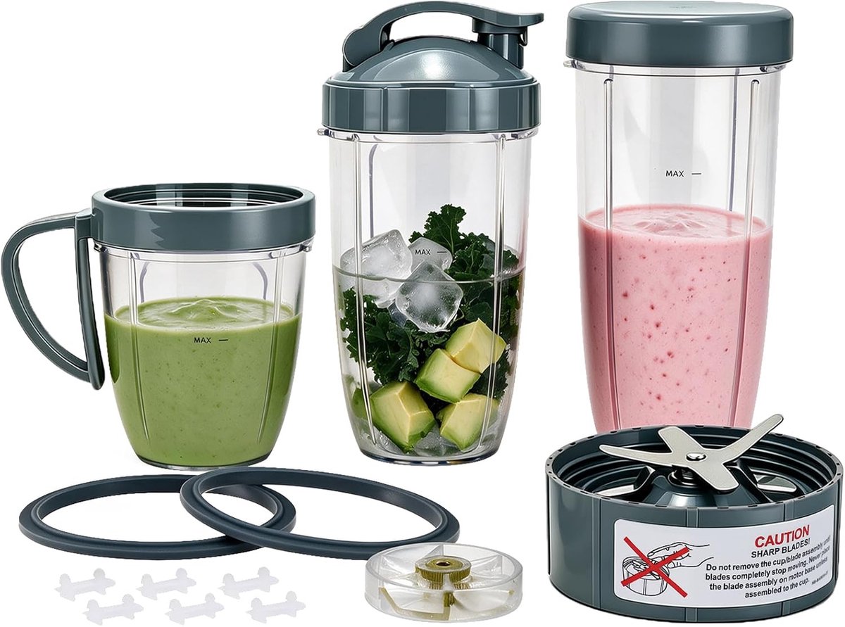 Blender vervangende onderdelen extractormes en bekers voor NutriBullet 600w & 900w serie, inclusief pakking schokdemper en tandwiel (1 mes + 3 kopjes + 1 deksels)