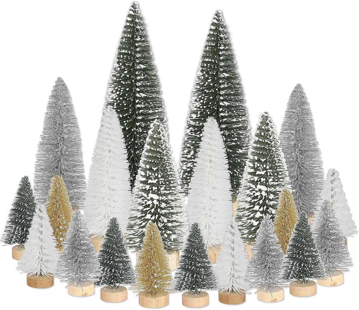 21 stuks mini-dennenboomdecoratie, kunst-miniatuurkerstboom, kleine kerstboom, groen, zilver, wit, goud, 4,5/10/15 cm, boom voor kerstdecoratie, tafel, winterdecoratie, kerstdorp, accessoires,