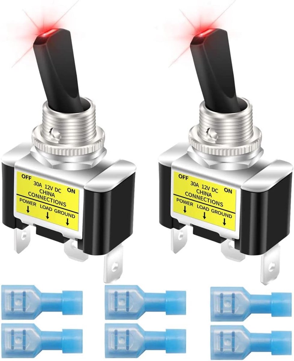 Tuimelschakelaars met verlichting, 2 stuks, 12 V 30 A, SPST aan-/uittuimelschakelaar, led verlicht, 12 mm groot (rood)