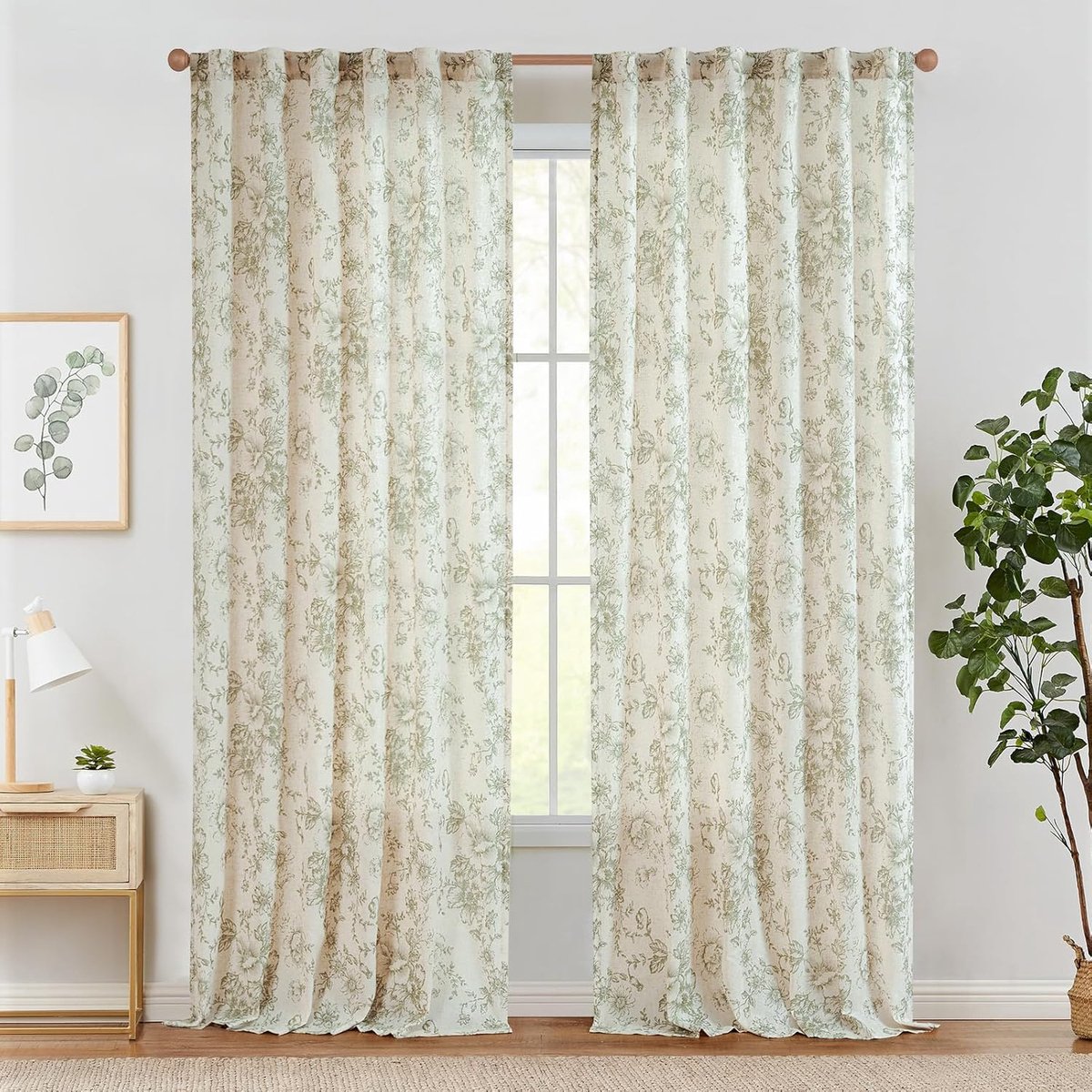 Linnen gordijnen, bloemen gordijnen met verborgen lussen, lichtdoorlatend, boerderij, lange gordijnen, raamsjaal voor woonkamer, slaapkamer, raam, set van 2, 140 x 225 H (cm), groen op beige
