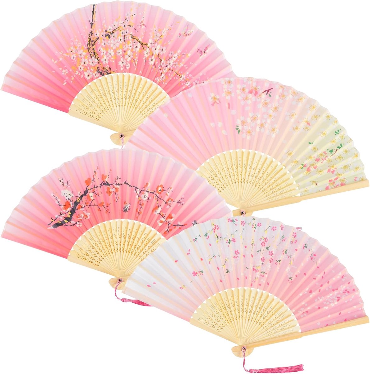 Handheld Folding Fan Zijde Stof Vouwen Fans Roze Chinese Stijl Hand Fan vrouwen uitgeholde Bamboe Fans met Kwastje voor Muurdecoratie Geschenken Dansen Cosplay 4 Stks