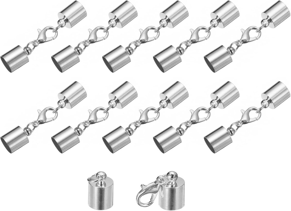 10 sets 8 mm leren koord-eindkappen met karabijnsluitingen, vatafsluitingen voor het doe-het-zelf maken van leren armbanden, rhodium-tint