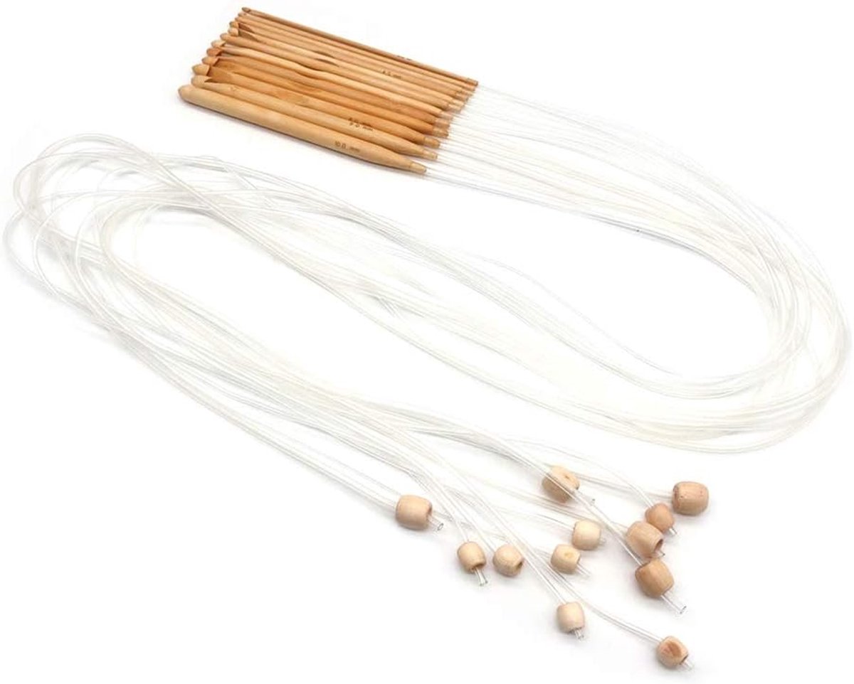 12-delige bamboe haak haak set - ideale kit voor het haken van vele patronen en projecten - maten 3.0-10.0mm met kunststof kabeluiteinden (beige)