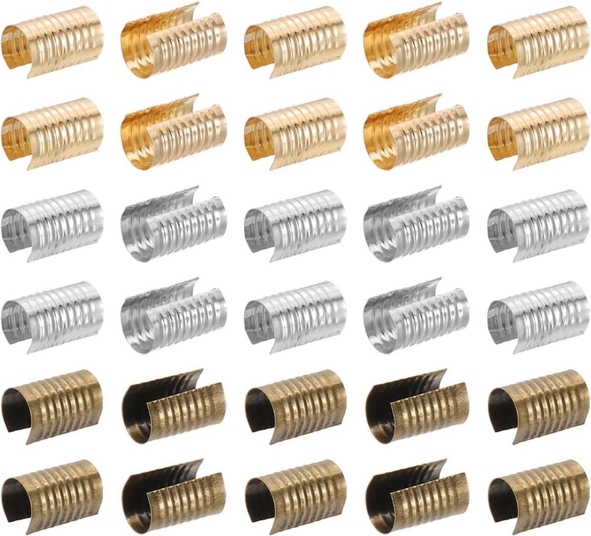 14 x 8,5 mm lederen touwclip, 120 stuks metalen cilindrische krimpbuizen opvouwbare eindkap opening krimpsluiting voor sieraden maken kwastje lederen koorden doe-het-zelf ambacht, 3 kleuren