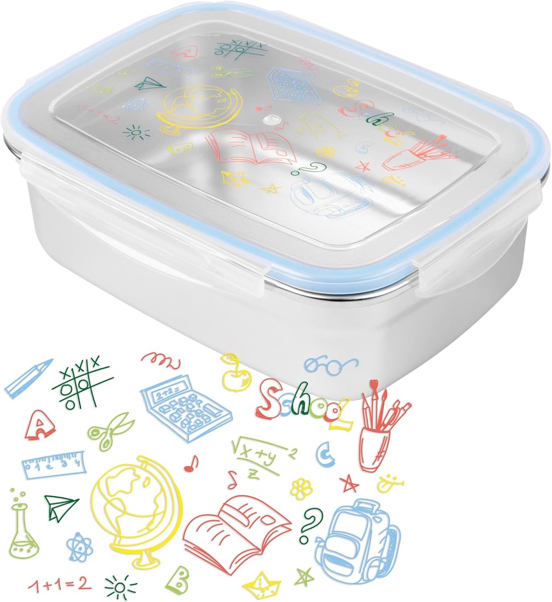 Labels Back to school Roestvrijstalen broodtrommel, lunchbox, metalen boterhamdoos met kunststof deksel