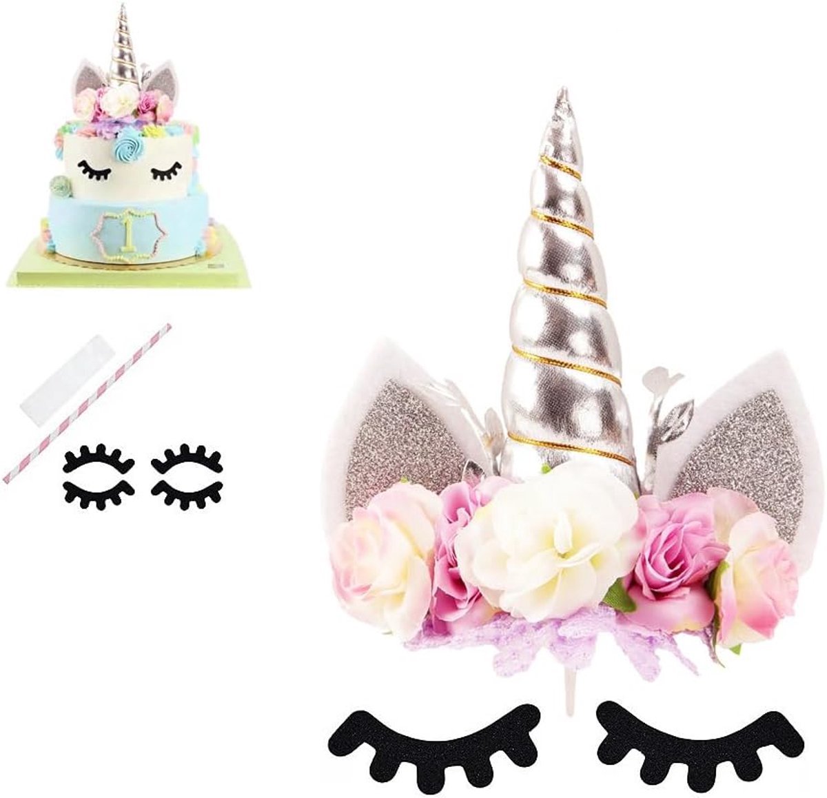 Rose Bloemen Eenhoorn Cake Topper Verjaardagsfeest Cake Decoratie (Zilver & Ivoor)