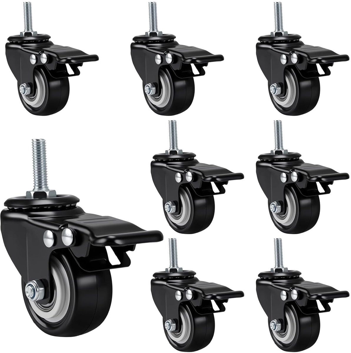 8 stuks wielen M10, meubelwielen met rem M10 × 25 mm, Ø 50 mm | Zware zwenkwielen, geruisloos en streepvrij voor meubels en apparaten