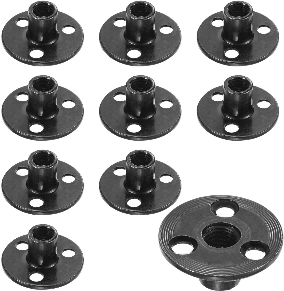 METERXITY Pack van 10 M10 x 17 mm T-moer verzinkt koolstofstaal T-moer 3-gaats ronde basis lamoer doorgaand gat meubelbeslag, flens inschroefmoer binnendraad zwart