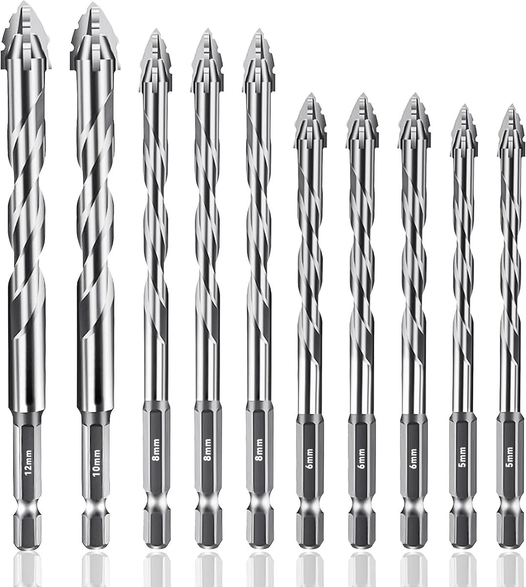 10 stuks zaagtandboor, boren met 4 snijkanten, excentrische boor, 1/4 zeskantige schacht voor glas, keramiek, porselein, tegels