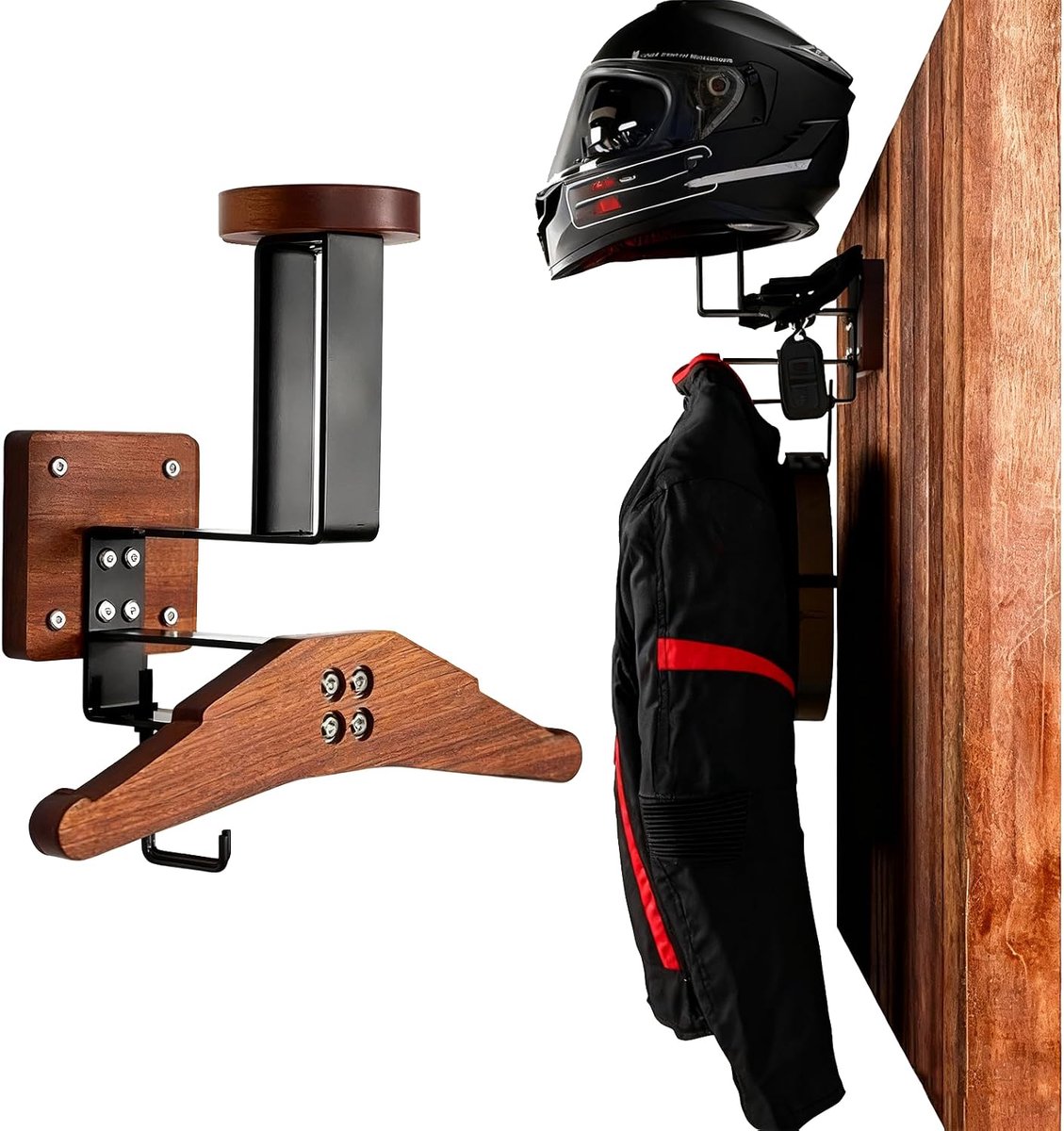 Muur - Roestvrij Staal Motorfiets Garderobe Motorhelm Houder voor Motorfiets, Fiets, Voetbal, Airsoft & Tactische Uitrusting, Veelzijdige Wandorganizer met Houtaccent