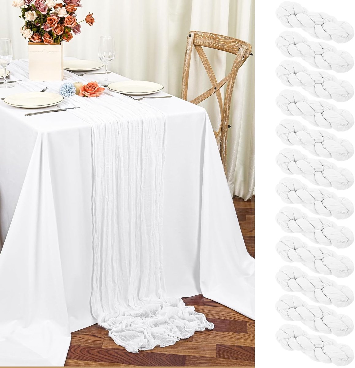 Tafellopers, wit, 55 x 300 cm, boho-gaas, kaasdoek, tafelloper voor bruiloft, feest, babyshower, bruidsdouche, verjaardagsdecoraties