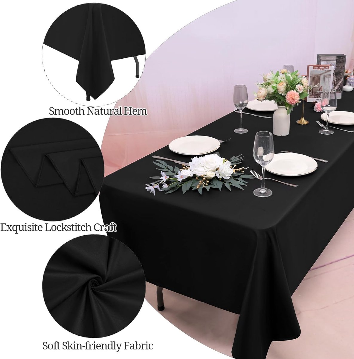 10 stuks zwart tafelkleed, 153 x 260 cm, kreukvrij stoffen tafelkleed voor eetkamer, feest, bruiloftstafel, decoratie en bescherming