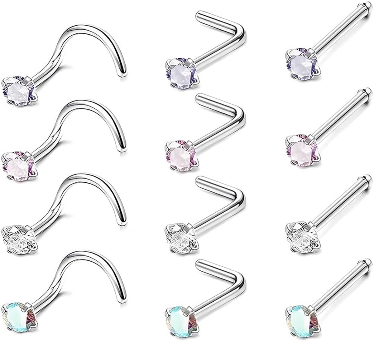 Neuspiercing, 12 stuks, voor vrouwen en mannen, hypoallergeen, neuspiercing, sieraden, S-vorm, neusstekerset, L-neuspiercing, neuspiercing, roestvrij staal, kleurrijk