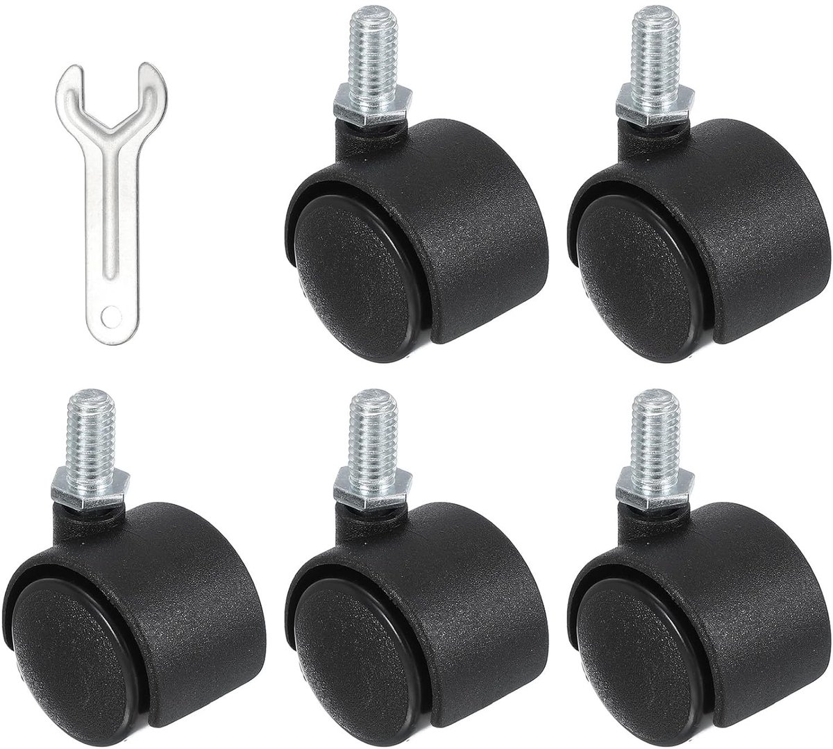 Bureaustoelwielen, vervanging 1 inch, 5 stuks, nylon, zware belasting, zwenkwielen met moersleutel, universeel wiel voor harde vloeren, tapijt, zwart (schroefsteel)