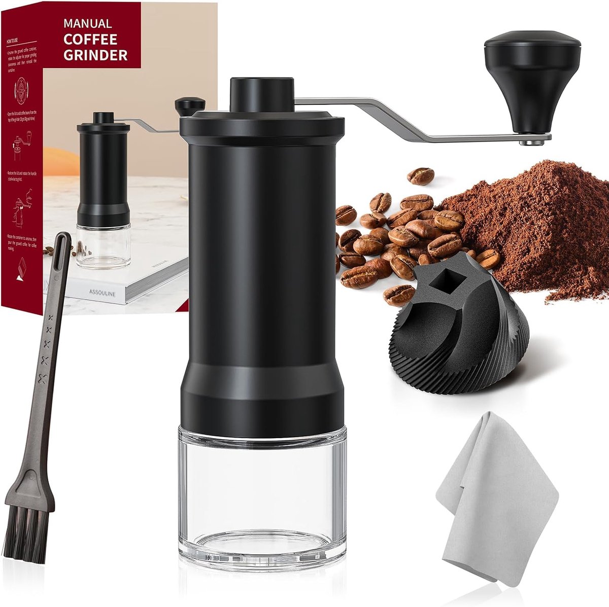 Handmatige Koffiemolen met Keramische Conische Maalsteen - Intern Instelbaar Maalniveau van Grof tot Fijn voor Alle Zetmethodes, Draagbaar voor Thuis, Kantoor en Reizen